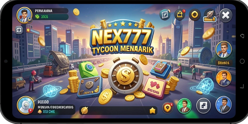 Tampilan utama gameplay NEX777 yang menggambarkan manajemen bisnis Tycoon.